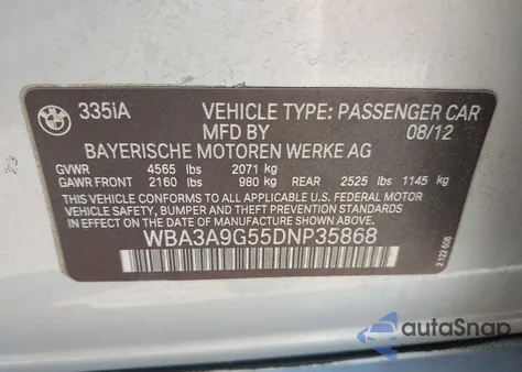 2013 BMW 335I I z USA, uszkodzony, nr VIN WBA3A9G55DNP35868